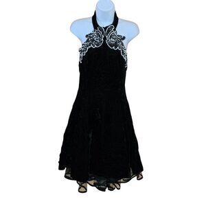 Vintage Black Velvet Halter Dress W/ Bead Sequin Detail whimsygoth elegant glam